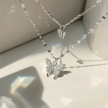 Femei de moda de Argint 925 Flash Diamond Fluture Dublu-Strat Coliere pentru Fata de Nunta, Cadou de Bijuterii Accesorii