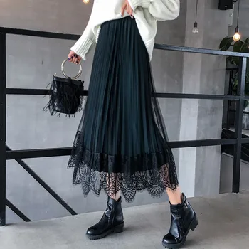 Femei Elegant Solid Mesh Fuste Midi Doamnelor Moda Streetwear Talie Mare Tul Fusta Plisata Fete Dantelă Fusta Mozaic DS252