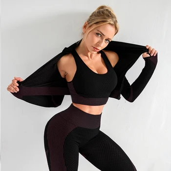 Femei fără Sudură de Fitness Set cu Mâneci Lungi T-Shirt Sport Poarte Sutien de Sport Elastice de Funcționare Jambiere Talie Mare de Formare Pantaloni de Yoga