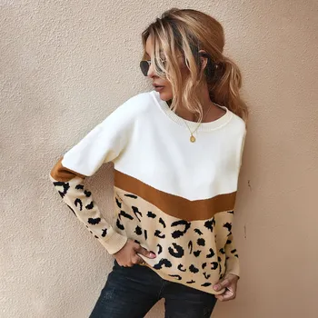 Femei Leopard Vrac Mozaic de Toamna Iarna Tricotate Pulover Femei 2021 Moda O-gat Maneci Supradimensionate Jumper Pulovere Top