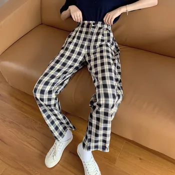Femei Pantaloni 2021 Talie Mare Sex Feminin Coreeană Liber Casual Carouri Vara Slim Liber Largi Picior Casual Drept Pantaloni Lungi