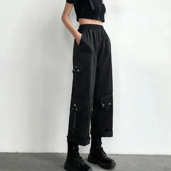 Femei Pantaloni Largi de Vara Harajuku Mijlocul talie Streetwear Femei Jogger Trening Elasticitatea Cordon de Moda Catarama Buzunar
