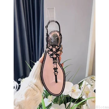 Femei Sandale De Vară 2020 Nou Pantofi Femei Strasuri Lanțuri Gladiator Thong Sandale Plate Papuci De Cristal Chaussure Plus Dimensiune