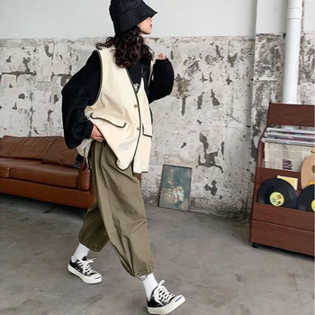 Femei Seturi Solid Vesta Harajuku Safari Stil Casual cu Maneci Lungi T-shirt Cargo Pant Femele 3 Pecs Streetwear Epocă Hip-hop Chic
