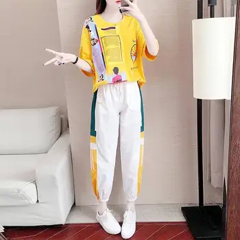 Femei Trening, Costume cu Pantaloni Tinuta Sport de Agrement de Vară Brand de Moda Subțire Vrac coreean Pantaloni Maneci Scurte Set de Două Piese