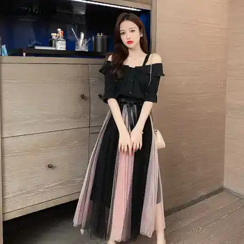 Femei Îmbrăcăminte De Vară Costum De Moda Slash Gât Tricou Negru Fuste Set Coreean Fete Dulci Flare Sleeve Straturi De Plasă Fundita Rochie