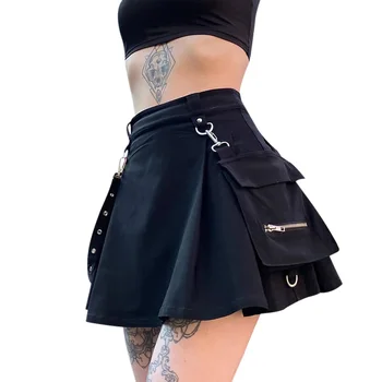 Femeile Gotice Punk Mini-Fuste, Fete Cool Talie Mare Negru Jumătate Rochie cu Curea Buzunar Decor