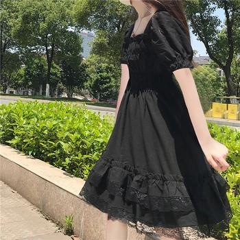 Femeile Japoneze Victorian Gotic Pătrat Guler Volane Din Dantela Neagra Lolita Rochie De Vara Fete Punk Stil Maneca Scurta, Rochii Mini