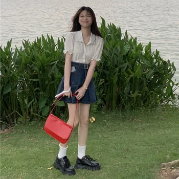 Fuste plisate Femei Denim cu Talie Înaltă Student de Moda de petrecere a timpului Liber de Toate-meci de Vară Mini Vacanta Solid Simplu Versiunea coreeană Elegant