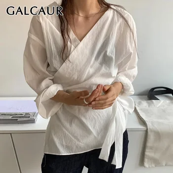 GALCAUR coreean Camasi Pentru Femei V-Gât Flare Maneca Lunga Mozaic Bandajul de Bluze Elegante de sex Feminin 2021 Haine de Primăvară Maree
