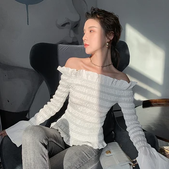 GALCAUR Cămașă Albă cu Dungi Pentru Femei Slash Gât Flare Sleeve Volane Designer Casual pentru Femei Bluze 2021 Moda Stil coreean