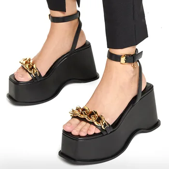 GXCMHBWJ Nou Design de Brand Lanț Decor Platforma Sandale Femei din Piele Square Toe Catarama Curea Tocuri inalte Pantofi de damă