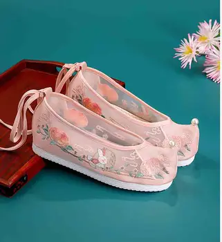 Hanfu Pantofi Brodate Femei Chineze Antice Pantofi Plat Vara Hanfu Pantofi Alb Roz Albastru Tifon Pantofi Pentru Femei