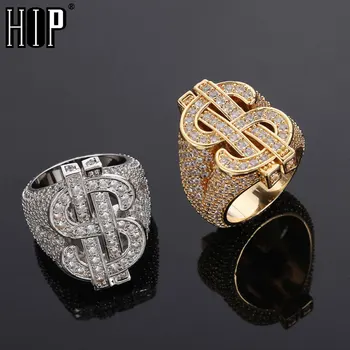HIP-Hop Clasic Plin de Zirconiu CZ-NE Semn Dolar Inel de Aur de Argint de Culoare Iced Out Farmec Ring Pentru Bărbați Bijuterii Femei Marimea 8-10