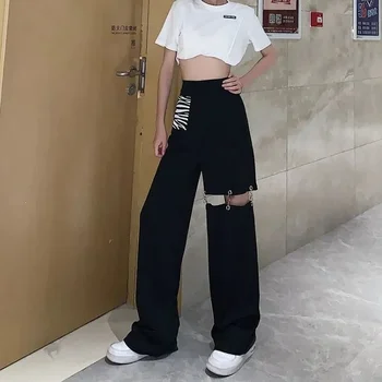 HOUZHOU Negru Largi Picior Pantaloni Femei Gol Afară de Streetwear Techwear Pantaloni Talie Elastic Mozaic coreeană de Moda de Vara