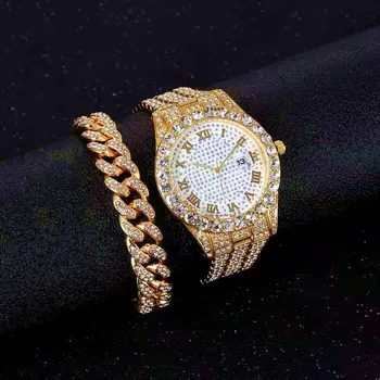 Iced Out Bratara + Ceasuri pentru Barbati Plin de Gheață Afară Ceas Cuarț Ceas de mână Hip Hop Aur Diamond Mens Watch Set Reloj Dropshipping
