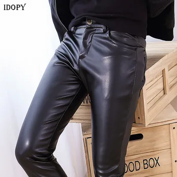Idopy Moda Barbati Casual Pantaloni din Imitatie de Piele Elastica de Afaceri Negru Slim Fit Creion PU Pantaloni Pentru bărbați