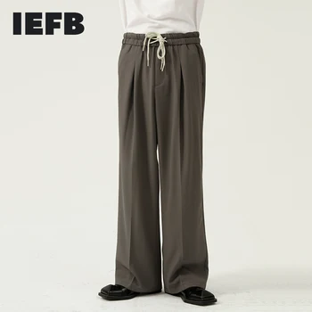 IEFB Albastru Cordon Elastic Talie Pantaloni pentru Bărbați de Vara Noi-coreean Liber Tendință Casual Culoare Solidă Largi Picior Pantaloni Drepte Y8024