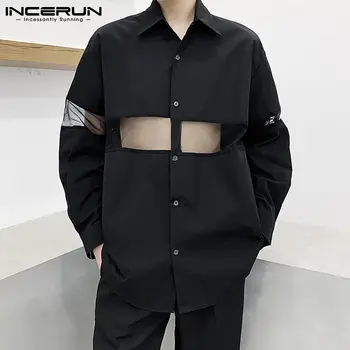 INCERUN Barbati Tricou Rever Maneca Lunga Sexy Vrac Plasă de Mozaic Bluza Streetwear Butonul de Moda Casual, coreeană Tricouri Camisas 2021