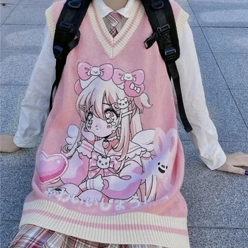 Japoneză Dulce Drăguț Pulover Vesta Femei Fără Mâneci Topuri Harajuku Fata Kawaii Desene Animate Liber Preppy Anime Tricot Streetwear De Sex Feminin