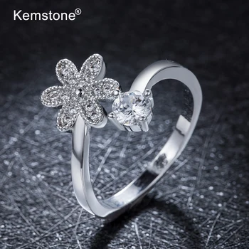 Kemstone Creative Deschide Inel de Cupru Cubic Zirconia Placat cu Argint Floare Inel Reglabil de Bijuterii pentru Femei