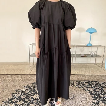 Korejpaa Femei Rochie De Vară 2021 Coreean Chic Elegant Temperament Gât Rotund Pliere Design Neregulate Liber Puff Maneca Vestidos