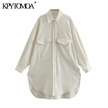 KPYTOMOA Femei 2021 Moda Cu Buzunare Supradimensionate Soft Touch Bluze Vintage Maneca Lunga Partea de Guri de sex Feminin Tricouri Topuri Chic