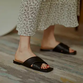 Krazing oală chic design concis piele naturala peep toe plat cu flip-flops aluneca pe catâri mare moda in afara papuci femei