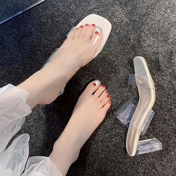 Lucyever Vară Clar Toc Papuci Femei Sandale Toc Patrat Diapozitive Femeie Petrecere De Moda Transparent Flip-Flops Pantofi
