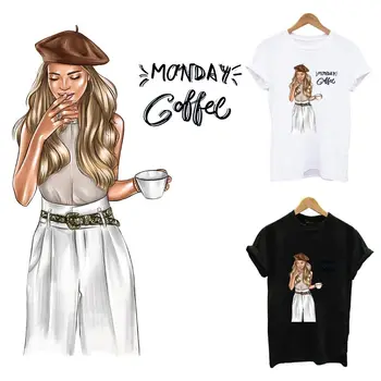 Luni de Cafea Fata de Fier Pe Transfer Pentru Haine DIY Femei T-Shirt, Hanorace Patch-uri Pentru Haine de Moda Lady Termică de Transfer de Căldură