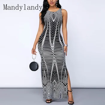 Mandylandy Scindare Sexy Bodycon Rochie de Rezervor O-Gât Creion Femei Rochie Lungă de Vară pe Plajă Streetwear, cu Dungi de Imprimare Sundress