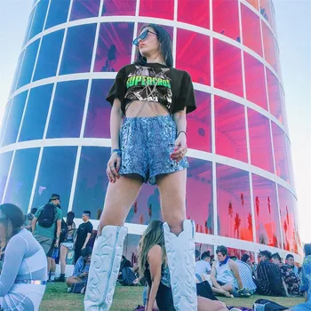 Meqeiss elastic întins vara noi de top de moda pentru Femei t-shirt hip hop de imprimare de Metal lanț liber o-gat maneci scurte culturilor topuri