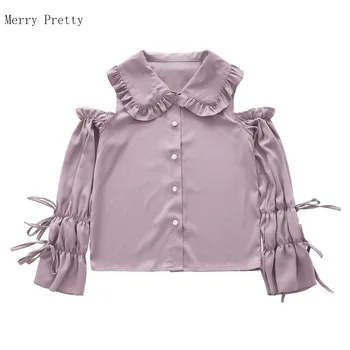Merry Destul De Camasi Femei De Pe Umăr Peter Pan Guler Dulce Lolita Stil Minunat Solid Mânecă Lungă Lanternă Arc Dantelă Up Bluza