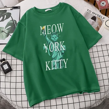 Miau York Kitty Funny Print Femeii T-Shirt Supradimensionate S-Xxxl Maneca Scurta Primavara-Vara Streetwear Maneci Scurte T-Shirt Femei