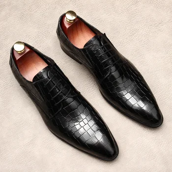 Moda Barbati Pantofi De Piele De Sarpe Imprimeuri Stil Clasic Din Piele De Cafea Dantelă Neagră Până Subliniat Barbati Oxford Formale Pantofi