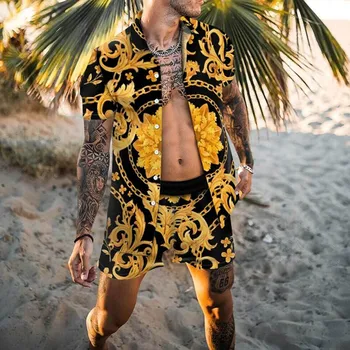 Moda Hawaiian Imprimare Tricou Maneci Scurte Set Bărbați Plaja de nucă de Cocos Print pantaloni Scurți pentru Bărbați de zi cu Zi de Plajă, tricouri Set de Două piese S-3XL