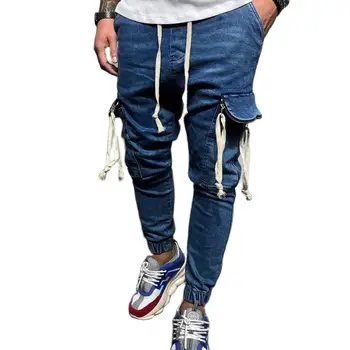 Moda pentru bărbați Spălate Denim Pantaloni talie mijlocie Cordon Slim-fit Jeans Jogging Pantaloni Talie cu Fermoar Stretch Blugi Casual Slim