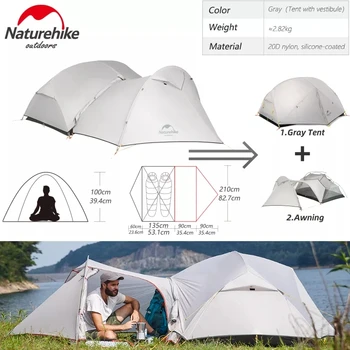 Naturehike Mongar Camping Cort De 2-3 Persoane Nylon 15D Upgrade Dublu Strat Exterior Albastru Cort Ultrausor Impermeabil Drumeții Călătorie