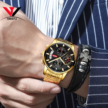 NIBOSI Mens Ceasuri de Top de Brand de Lux 2019 Cronograf Ceasuri Barbati Sport Ceas de mână rezistent la apă Aur Relogio din Oțel Inoxidabil