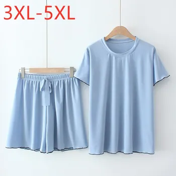 Noi 2021 Doamnelor Vara Plus Dimensiune Pijamale Pentru Femei Mari Maneci Scurte Largi Albastru T-Shirt Și pantaloni Scurți de Uzură Acasă Seturi 3XL 4XL 5XL