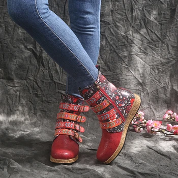 Noi Socofy Femei Cizme Retro Tipărite Cataramă De Metal Moale Cu Fermoar Din Piele Glezna Cizme Doamnelor Pantofi Femei Botines Mujer 2021