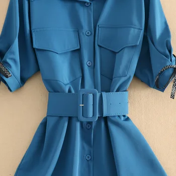 Nou Arc Albastru Bluza Femei 2021 Butonul Office Lady Maneca Scurta Șifon Cămașă De Vară, Topuri Femei Haine Femei Buzunar Tricouri Centura