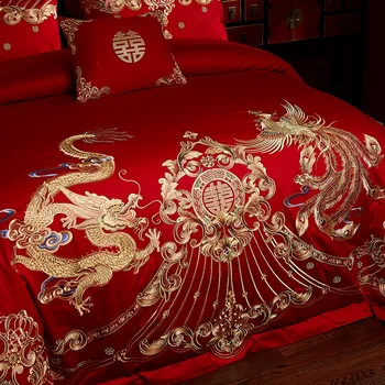Nou Lux Rosu de Bumbac de Aur Phoenix Loong Broderie Nunta Chineză Set de lenjerie de Pat Duvet Cover lenjerie de Pat Cuvertura de pat fețe de Pernă