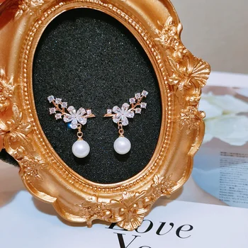 Noua Moda Coreeană Bijuterii Perla Picătură Cercei Drăguț Dulce Zircon Floare De Cristal Cercei Petrecere De Nunta Cercei Accesorii