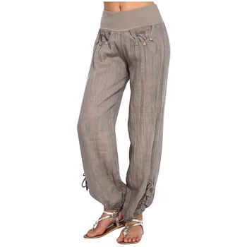 Pantaloni Femei Solide Butoane de Bumbac Și Lenjerie de Liber Casual Pantaloni Largi Picior Pantaloni Talie Mare Pantaloni Joggers Codrin Material Bun