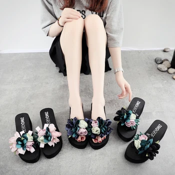 Papuci Femei de Vară de Moda cu Toc Sandale cu Platforma Non-Alunecare de Flori Inclinat Toc Pantofi de Plaja si Papuci de Plaja