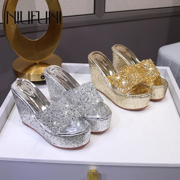 Peep Toe cu Toc Sandale Pană 2021 Vara Noi cu Paiete, Pantofi pentru Femei de Moda Casual, Aur, Argint Strălucitoare Stras Femei Papuci