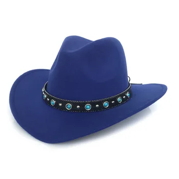 Piatra de turcoaz trupa pălărie de cowboy jazz pălărie pălărie de fetru pentru femei și bărbați capac negru margine largă doamna cu pălărie de moda capac cowboy vest