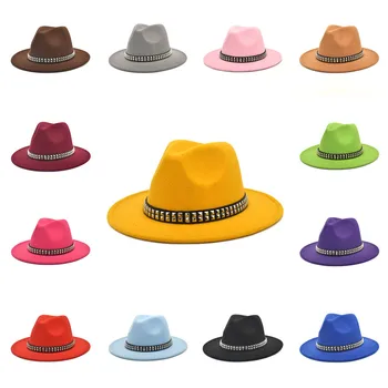 Piele Lanț Fedora Pălărie Culori Amestecate Jazz Pălării Mozaic Panama Lână, Pălării De Fetru Femei Bărbați Margine Largă Petrecere Cowboy Trilby Jucător