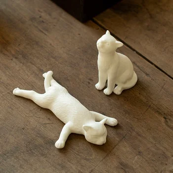 Pisica Albă De Porțelan Drăguț Ceai De Companie Ceramice Lucrate Manual Bonsai Mic Peisaj De Animale Figurine Decor De Basm Grădină Miniaturi-Cadou